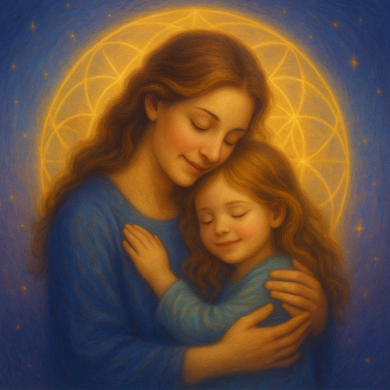 Mother holding child surrounded by golden light, symbolizing conscious parenting and the power to decode child behavior through Self-Tunify’s ChildLens module.