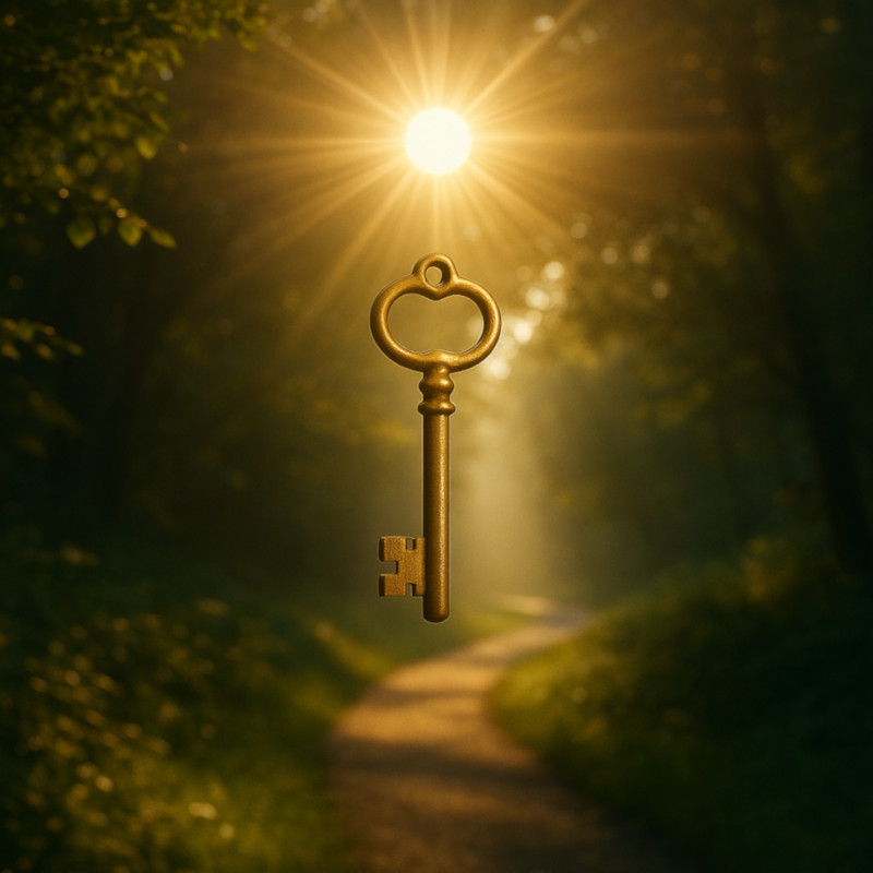 Golden key glowing in sunlight on a forest path, symbolizing access and breakthrough in Self-Tunify DayPass.