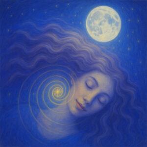 Woman dreaming under the moon with golden spiral near her heart, symbolizing subconscious dream decoding and soul guidance through Self-Tunify’s DreamLens module.