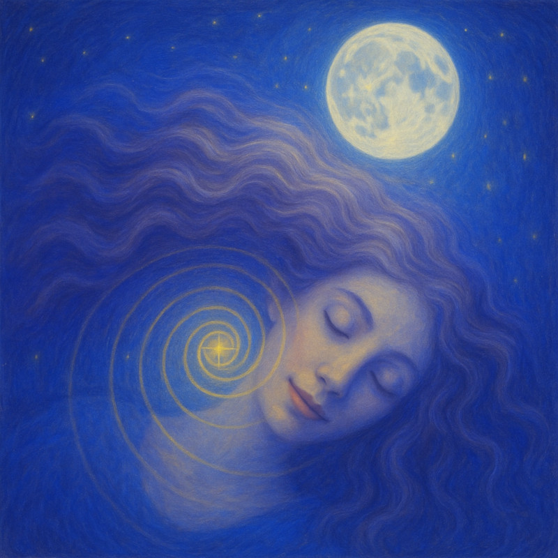 Woman dreaming under the moon with golden spiral near her heart, symbolizing subconscious dream decoding and soul guidance through Self-Tunify’s DreamLens module.