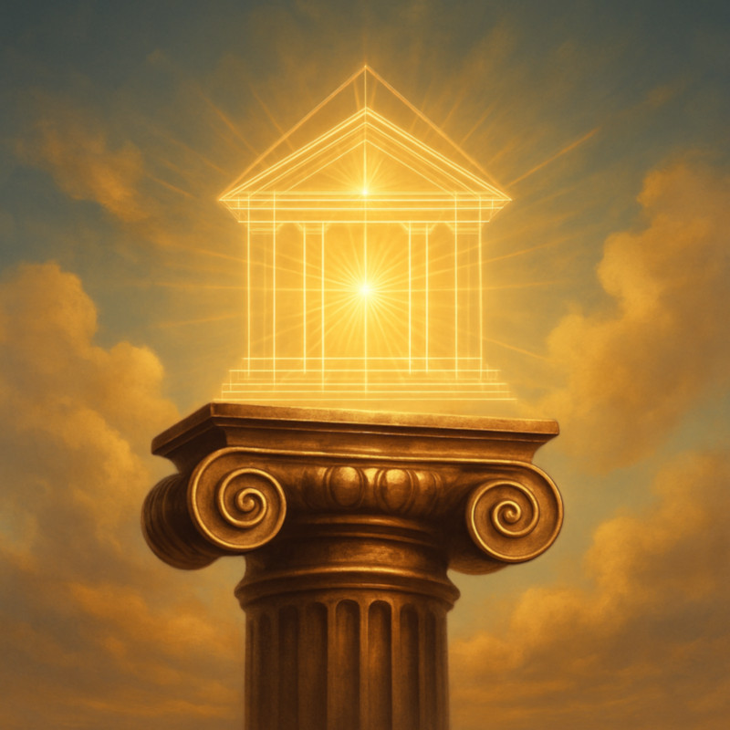 Golden temple of light atop a classical pillar, symbolizing mastery, sovereignty, and multidimensional access in Self-Tunify’s Reality Architect tier