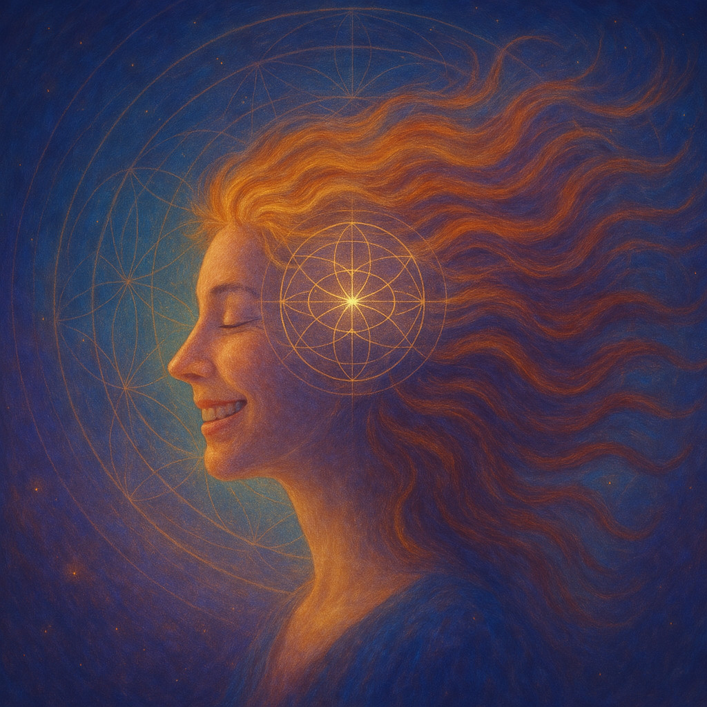 Smiling woman with radiant sacred geometry over her mind, symbolizing the decoding of emotional patterns and soul awareness