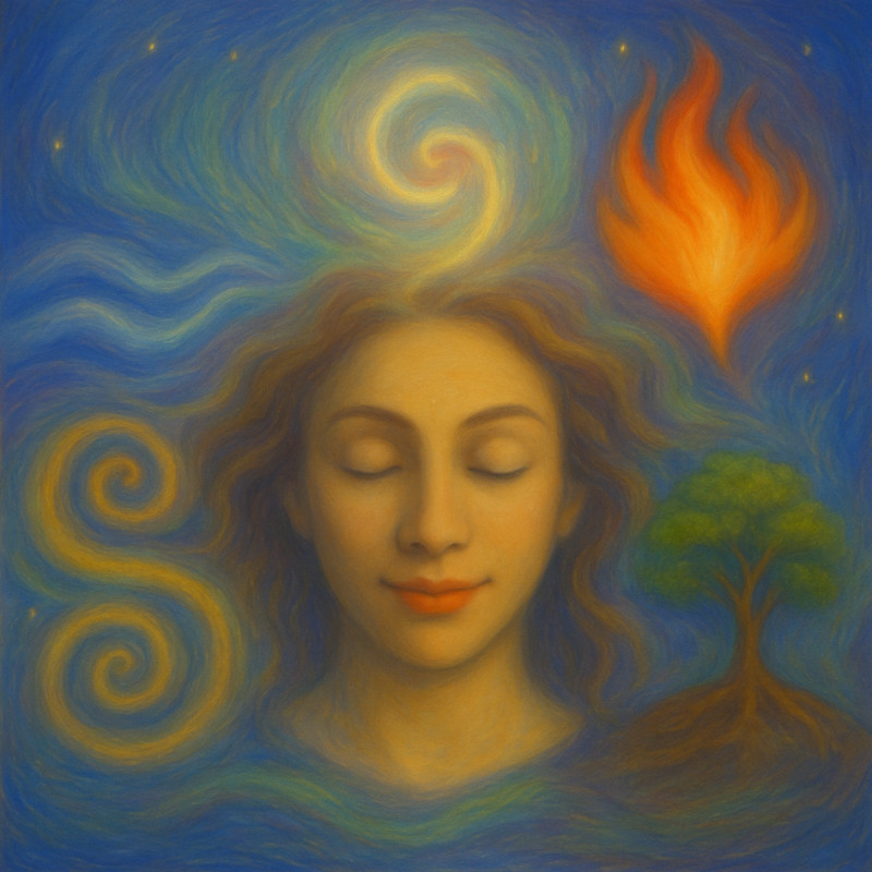Woman with closed eyes surrounded by symbols of fire, water, air, earth, and ether, representing elemental consciousness and inner harmony