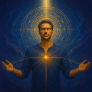 Man illuminated by sacred geometry and light beam through crown and heart, representing subconscious perception shift using Self-Tunify’s Focalyst module