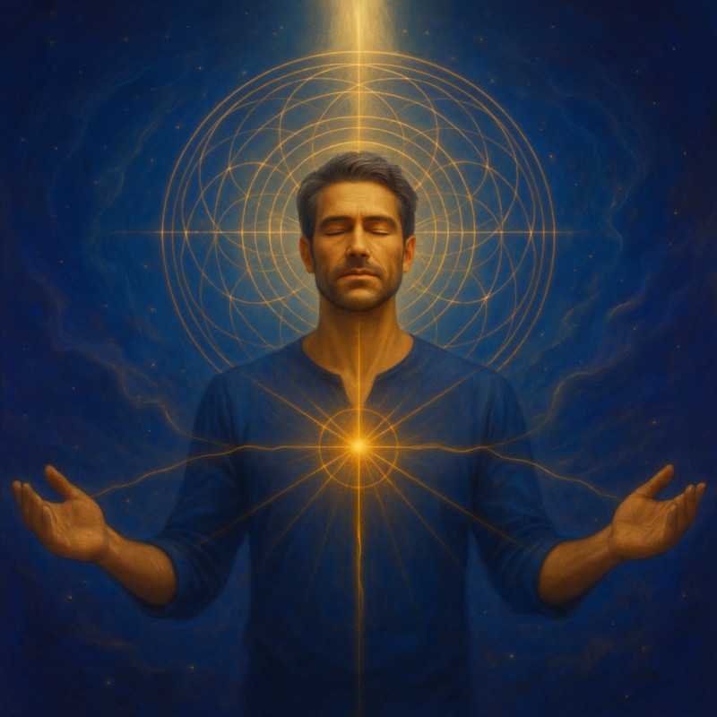 Man illuminated by sacred geometry and light beam through crown and heart, representing subconscious perception shift using Self-Tunify’s Focalyst module
