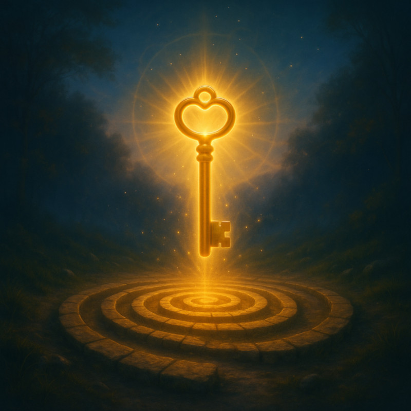 Radiant golden key floating above a spiral stone labyrinth in a twilight forest, symbolizing self-discovery and one-time access to numerological insight.
