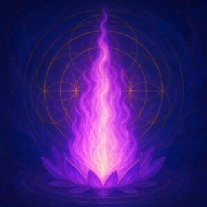 Violet Flame portal glowing with sacred geometry, symbolizing spiritual transformation and divine alchemy in the Transmutyst module.