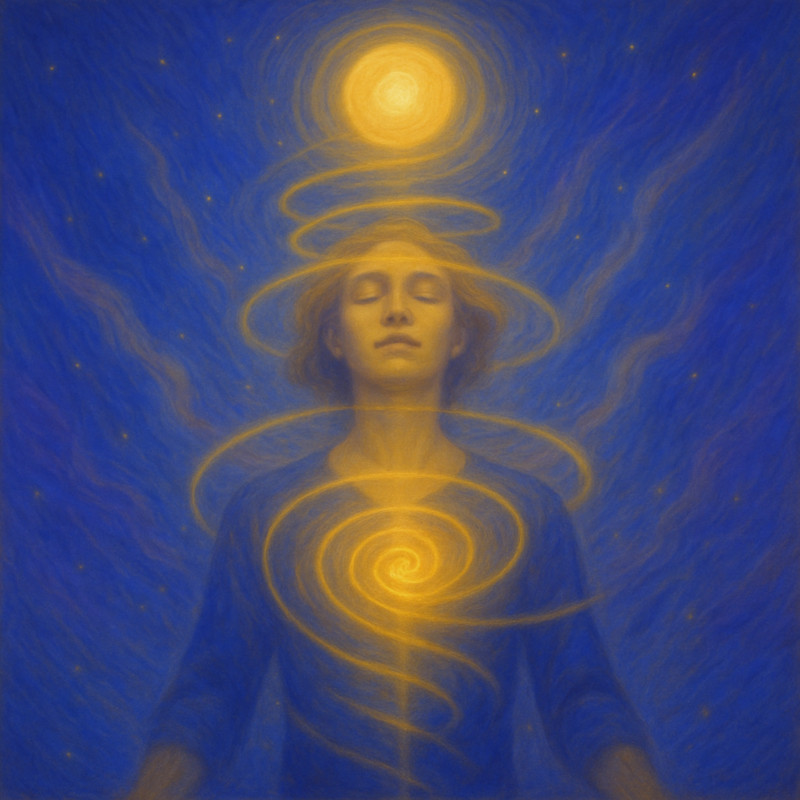 Ethereal painting of a serene figure rising in golden light spiral with cosmic sun and moon above, symbolizing Elevatyst vibration lift